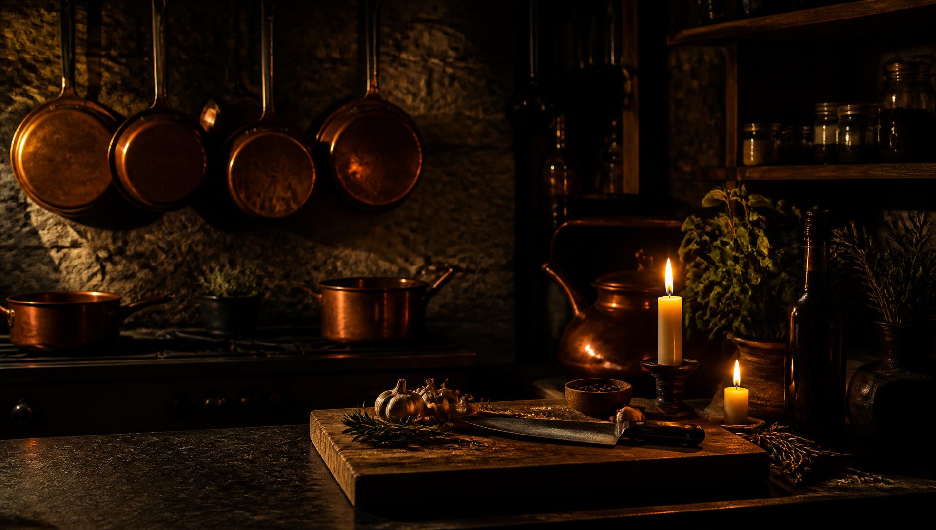 A dark candlelit kitchen with copper pans and a chef's knife on a wooden board